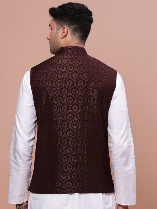 Men Woven Design Brown Slim Fit Nehru Jacket-AC-1147-Brown