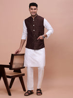 Men Woven Design Brown Slim Fit Nehru Jacket-AC-1147-Brown