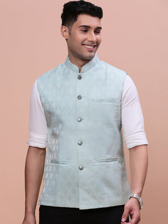 Men Woven Design Sea Green Slim Fit Nehru Jacket-AC-1155-Seagreen