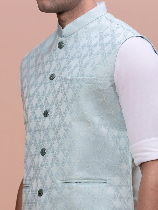 Men Woven Design Sea Green Slim Fit Nehru Jacket-AC-1155-Seagreen