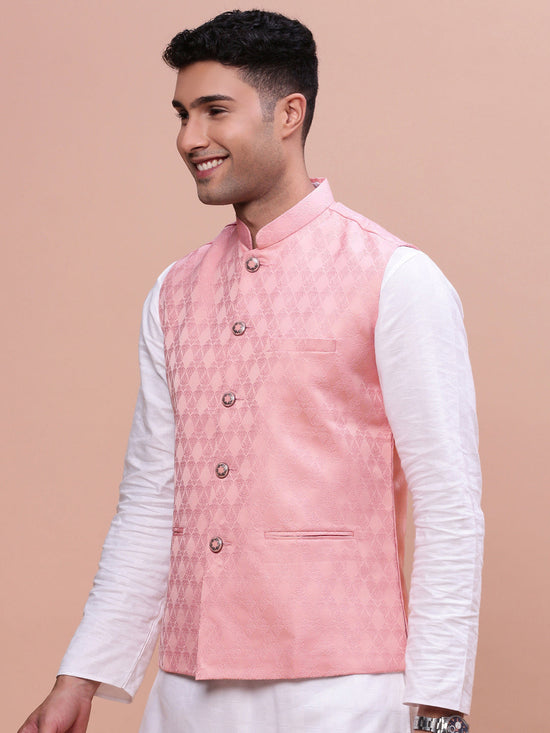 Men Woven Design Peach Slim Fit Nehru Jacket-AC-1156-Peach