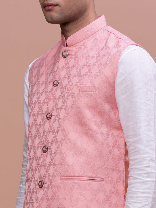 Men Woven Design Peach Slim Fit Nehru Jacket-AC-1156-Peach