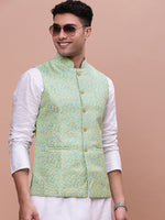 Men Woven Design Green Slim Fit Nehru Jacket-AC-1160-Green