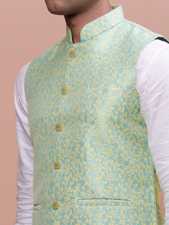 Men Woven Design Green Slim Fit Nehru Jacket-AC-1160-Green