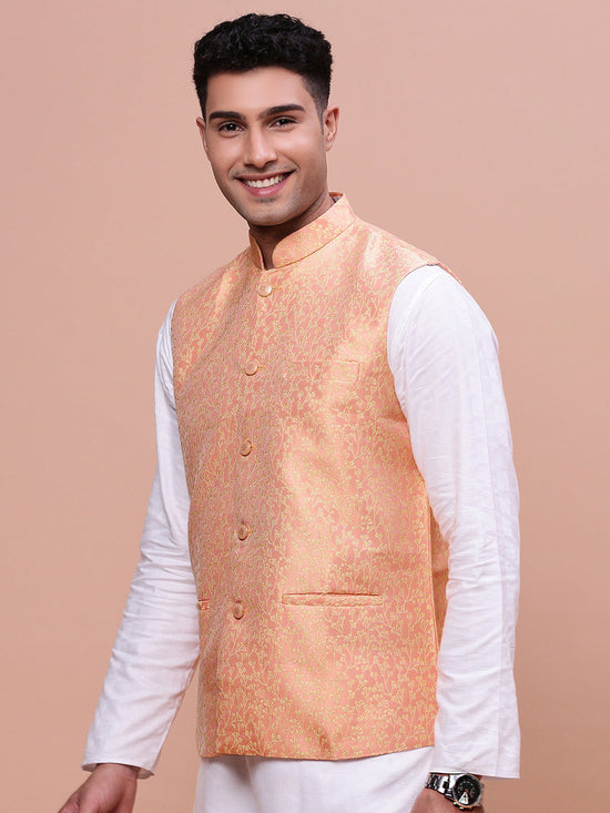 Men Woven Design Orange Slim Fit Nehru Jacket-AC-1161-Orange