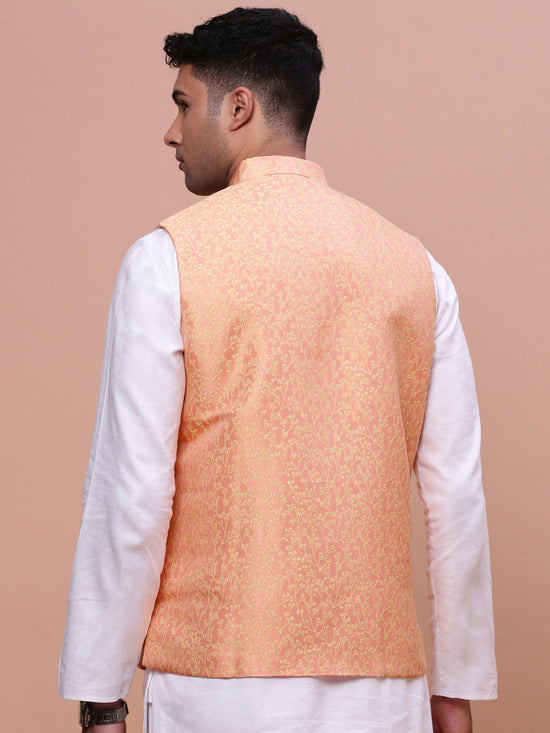 Men Woven Design Orange Slim Fit Nehru Jacket-AC-1161-Orange