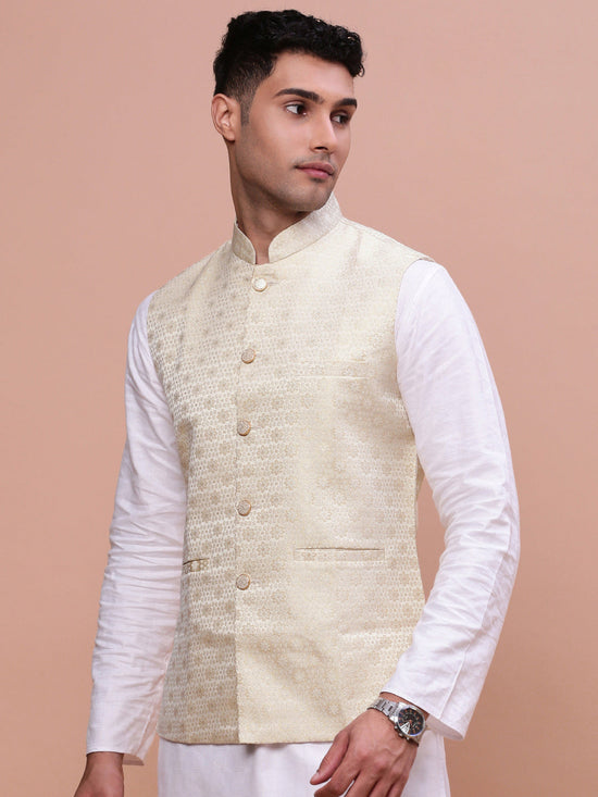 Men Woven Design Cream Slim Fit Nehru Jacket-AC-1163-Cream