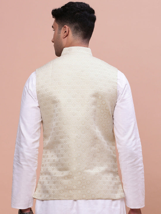 Men Woven Design Cream Slim Fit Nehru Jacket-AC-1163-Cream