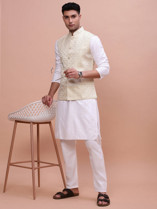 Men Woven Design Cream Slim Fit Nehru Jacket-AC-1163-Cream