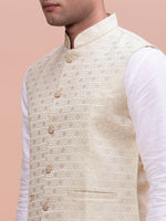 Men Woven Design Cream Slim Fit Nehru Jacket-AC-1163-Cream