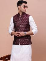 Men Woven Design Maroon Slim Fit Nehru Jacket-AC-1164-Maroon