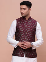 Men Woven Design Maroon Slim Fit Nehru Jacket-AC-1164-Maroon