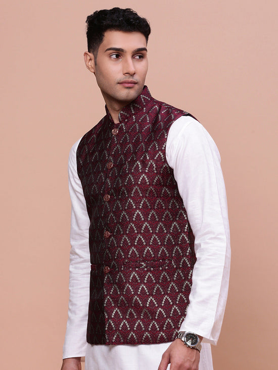 Men Woven Design Maroon Slim Fit Nehru Jacket-AC-1164-Maroon