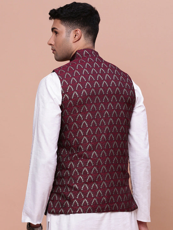 Men Woven Design Maroon Slim Fit Nehru Jacket-AC-1164-Maroon