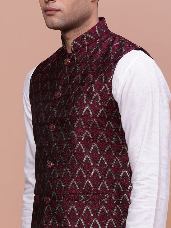 Men Woven Design Maroon Slim Fit Nehru Jacket-AC-1164-Maroon