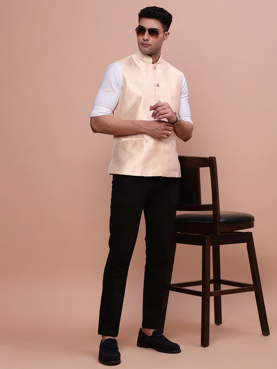 Men Woven Design Cream Slim Fit Nehru Jacket-AC-1167-Cream