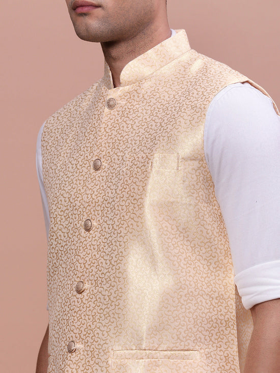 Men Woven Design Cream Slim Fit Nehru Jacket-AC-1167-Cream