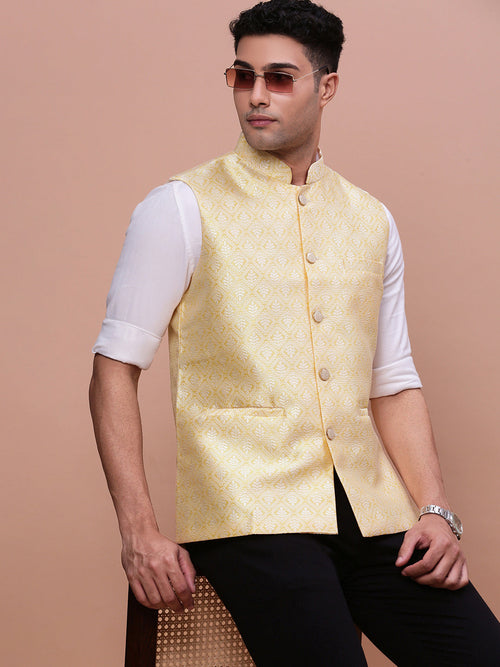 Men Woven Design Yellow Slim Fit Nehru Jacket-AC-1172-Yellow