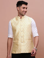 Men Woven Design Yellow Slim Fit Nehru Jacket-AC-1172-Yellow