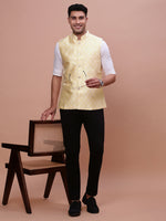 Men Woven Design Yellow Slim Fit Nehru Jacket-AC-1172-Yellow