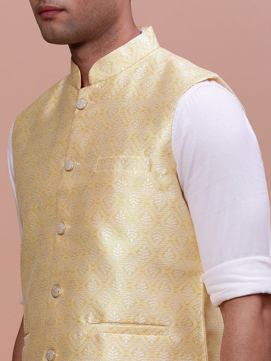 Men Woven Design Yellow Slim Fit Nehru Jacket-AC-1172-Yellow