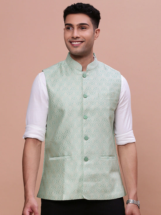 Men Woven Design Green Slim Fit Nehru Jacket-AC-1173-Green