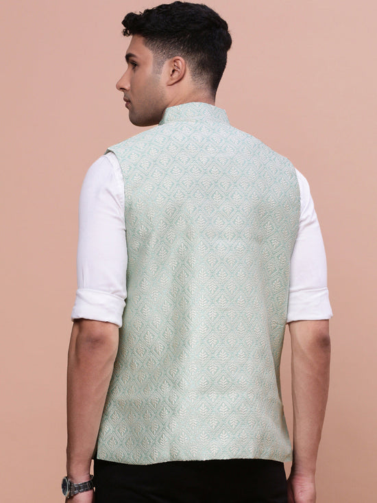 Men Woven Design Green Slim Fit Nehru Jacket-AC-1173-Green