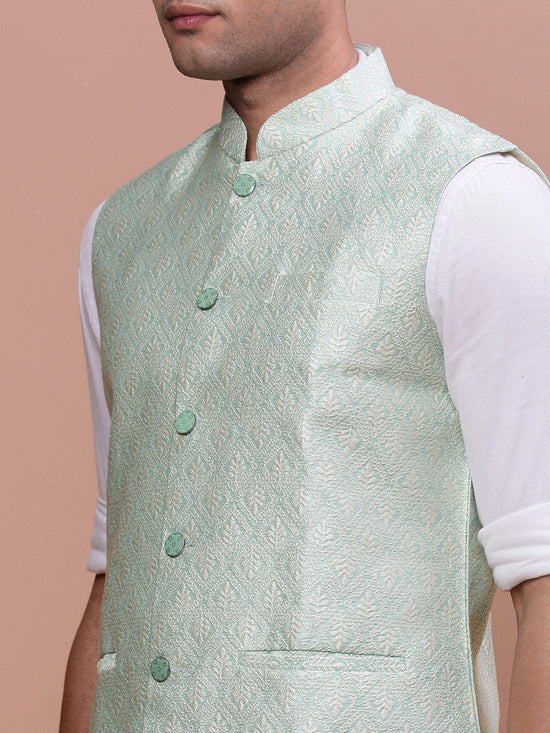 Men Woven Design Green Slim Fit Nehru Jacket-AC-1173-Green