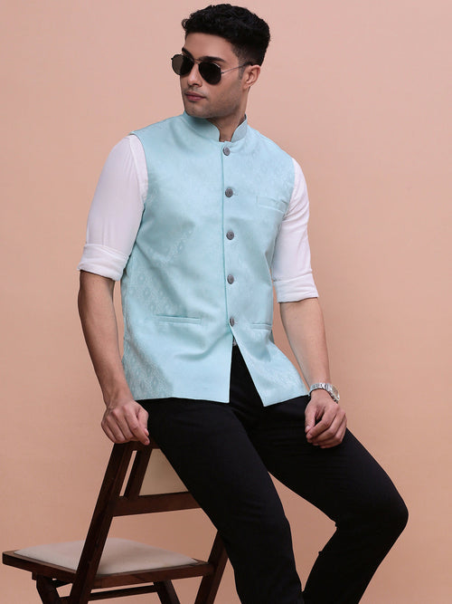 Men Woven Design Blue Slim Fit Nehru Jacket-AC-B-1168-Blue