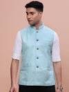 Men Woven Design Blue Slim Fit Nehru Jacket-AC-B-1168-Blue