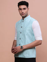 Men Woven Design Blue Slim Fit Nehru Jacket-AC-B-1168-Blue