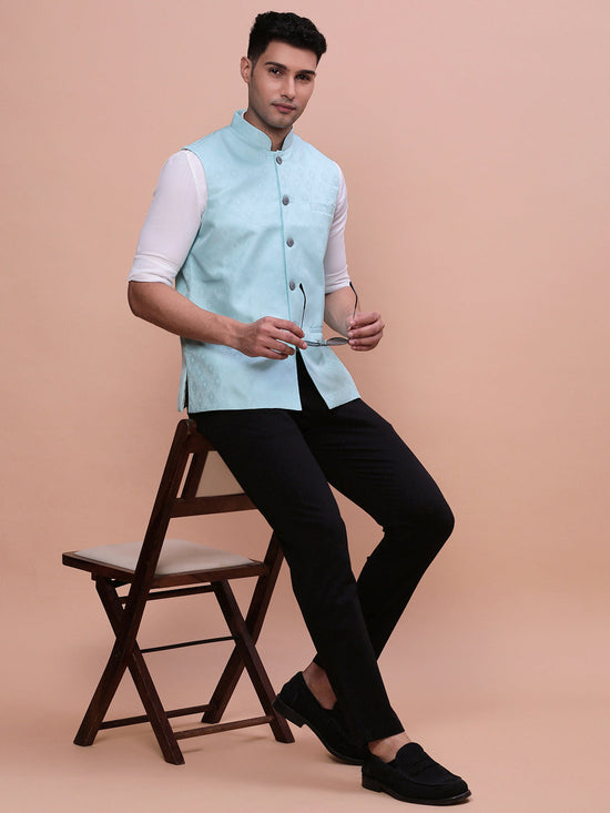 Men Woven Design Blue Slim Fit Nehru Jacket-AC-B-1168-Blue