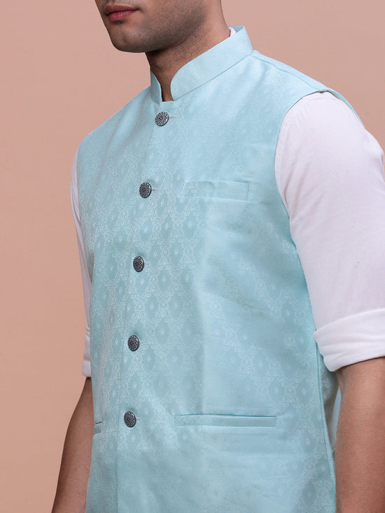 Men Woven Design Blue Slim Fit Nehru Jacket-AC-B-1168-Blue