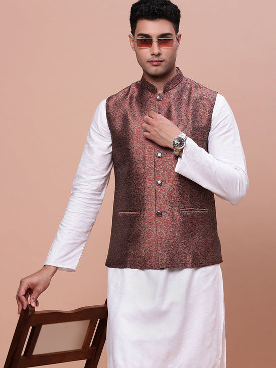 Men Woven Design Maroon Slim Fit Nehru Jacket-AC-B-1182-Maroon