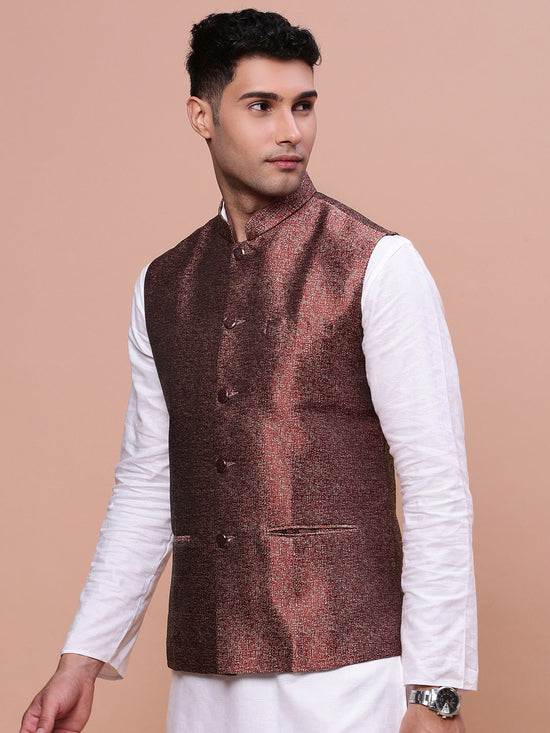 Men Woven Design Maroon Slim Fit Nehru Jacket-AC-B-1182-Maroon