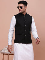 Men Woven Design Black Slim Fit Nehru Jacket-AC-B-1183-Black