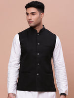 Men Woven Design Black Slim Fit Nehru Jacket-AC-B-1183-Black