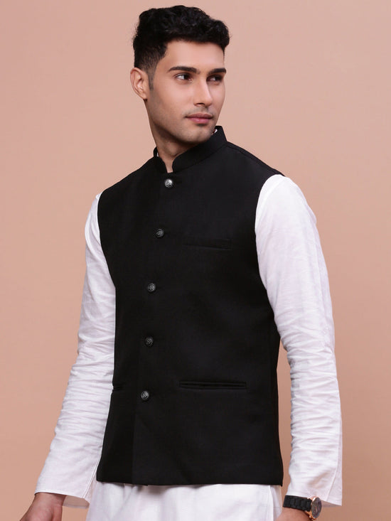 Men Woven Design Black Slim Fit Nehru Jacket-AC-B-1183-Black