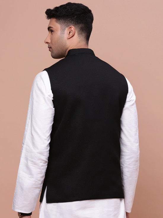 Men Woven Design Black Slim Fit Nehru Jacket-AC-B-1183-Black