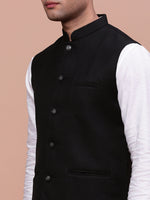 Men Woven Design Black Slim Fit Nehru Jacket-AC-B-1183-Black