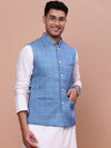 Men Woven Design Blue Slim Fit Nehru Jacket-AC-B-1185-Blue