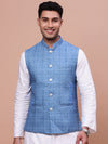 Men Woven Design Blue Slim Fit Nehru Jacket-AC-B-1185-Blue