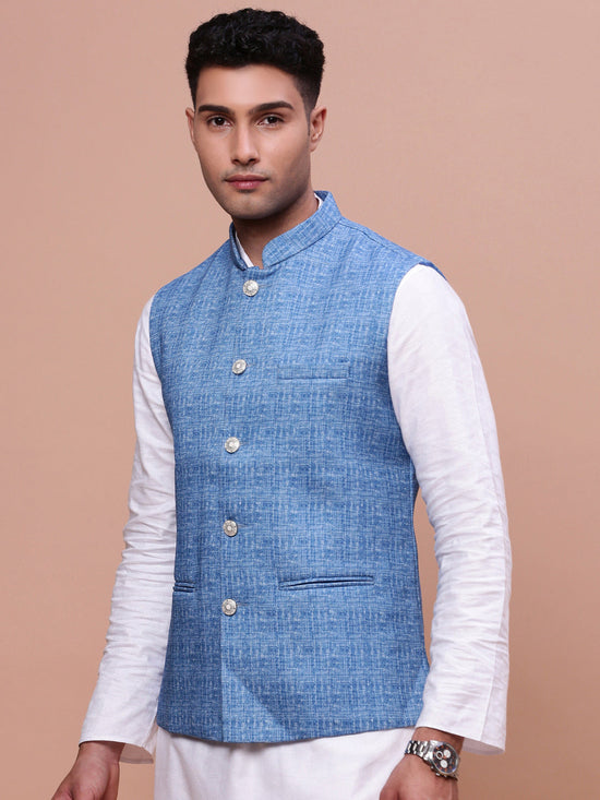 Men Woven Design Blue Slim Fit Nehru Jacket-AC-B-1185-Blue