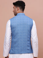 Men Woven Design Blue Slim Fit Nehru Jacket-AC-B-1185-Blue