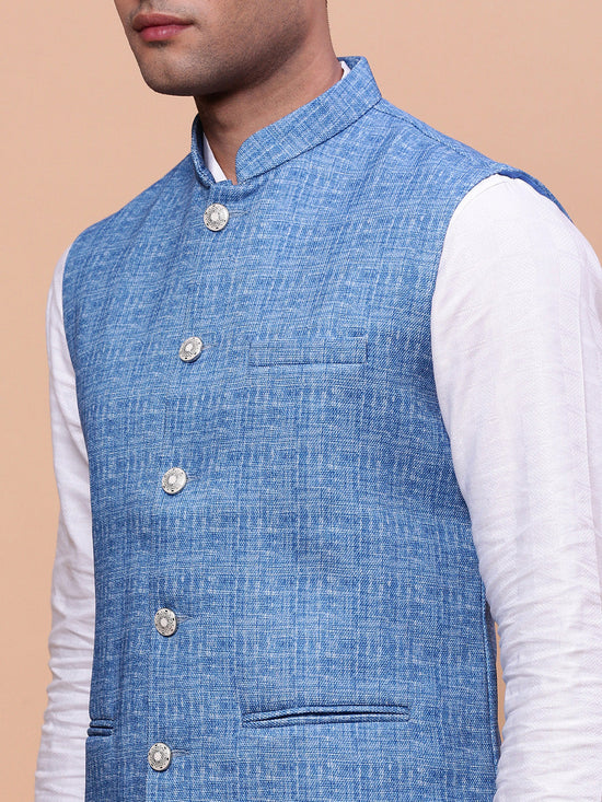 Men Woven Design Blue Slim Fit Nehru Jacket-AC-B-1185-Blue