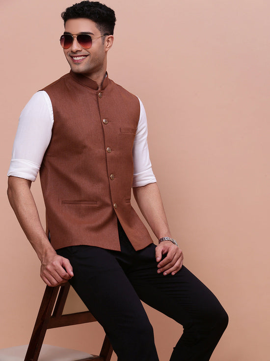 Men Solid Rust Slim Fit Nehru Jacket-AC-B-1188-Rust