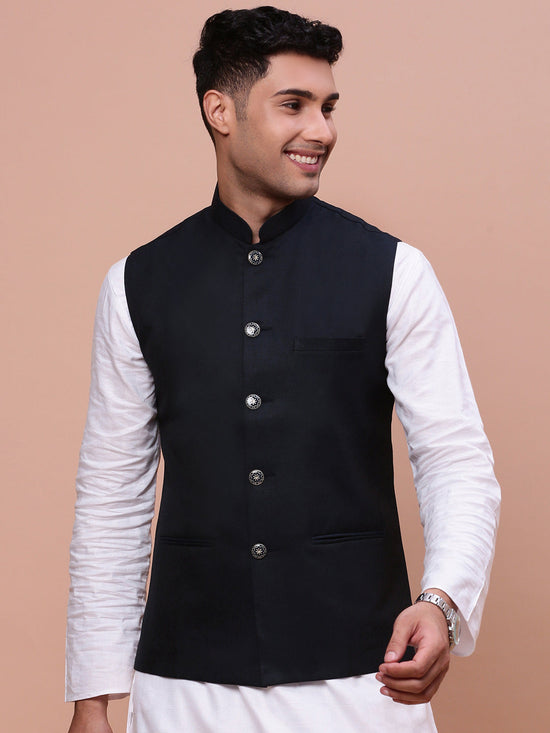 Men Solid Navy Blue Slim Fit Nehru Jacket-AC-B-1189-Navyblue