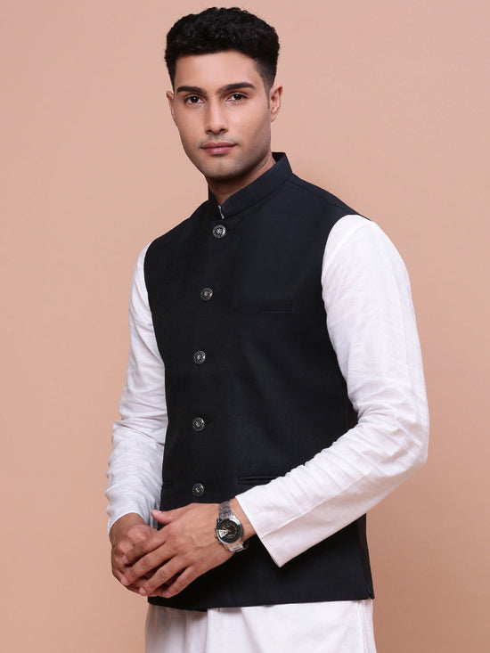 Men Solid Navy Blue Slim Fit Nehru Jacket-AC-B-1189-Navyblue