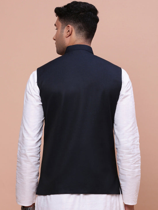 Men Solid Navy Blue Slim Fit Nehru Jacket-AC-B-1189-Navyblue