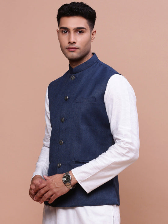 Men Solid Navy Blue Slim Fit Nehru Jacket-AC-B-1190-Navyblue